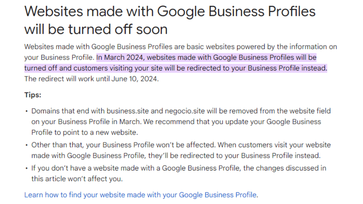 Websites made with Google Business Profiles will be turned off soon